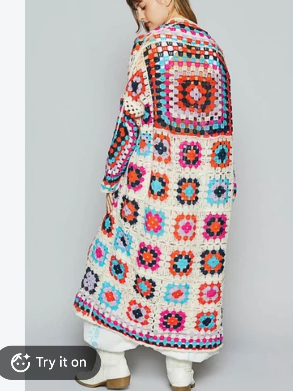 POL Multicolor Crochet Longline Cardigan sweater with Cream Base OS